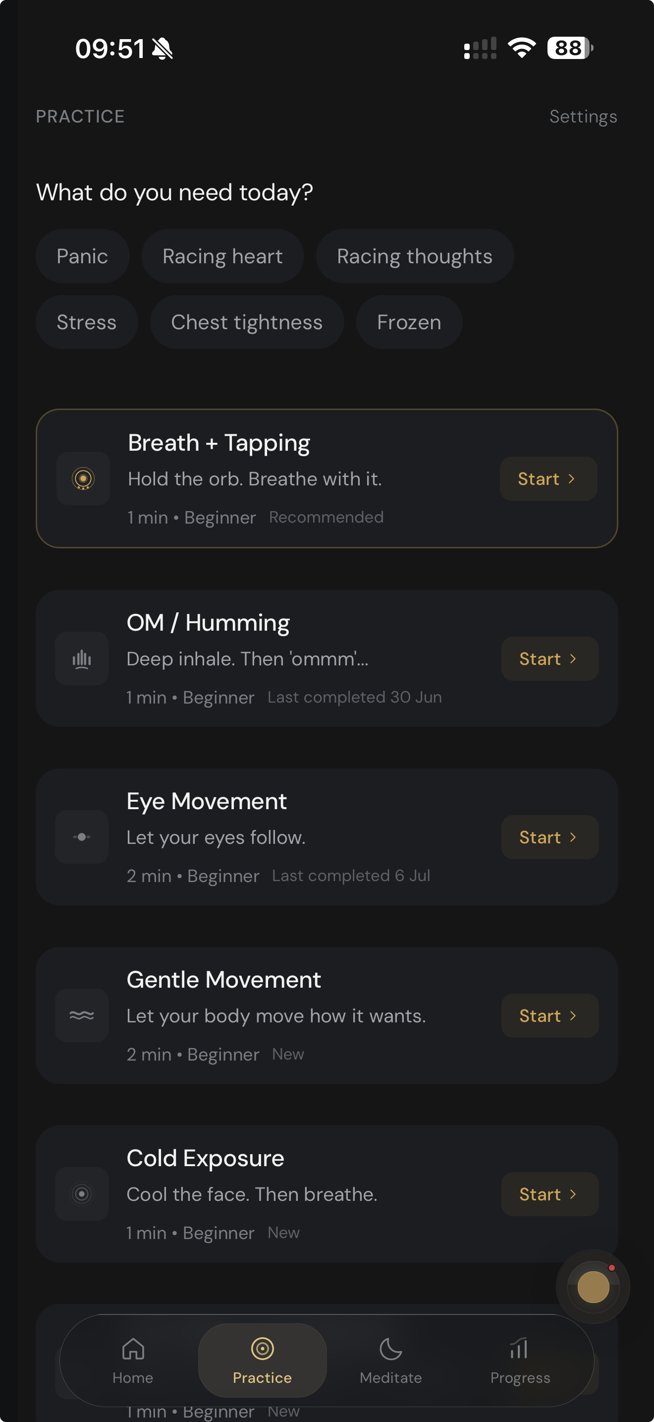 Anzenity practice screen